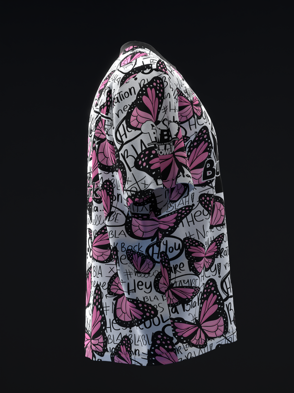 White bowling jersey with pink butterflies and scattered black text throughout