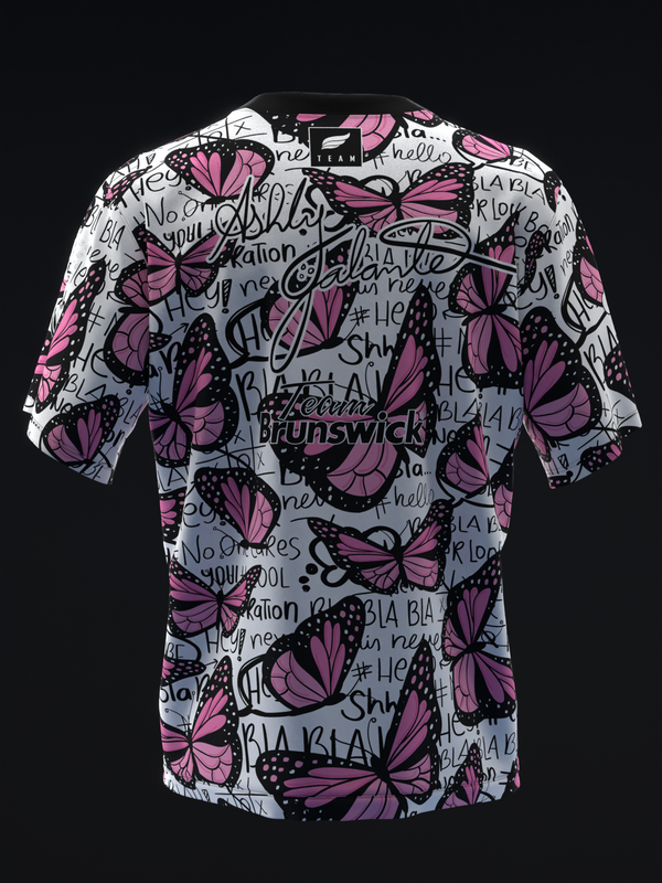 White bowling jersey with pink butterflies and black text overlay, front view