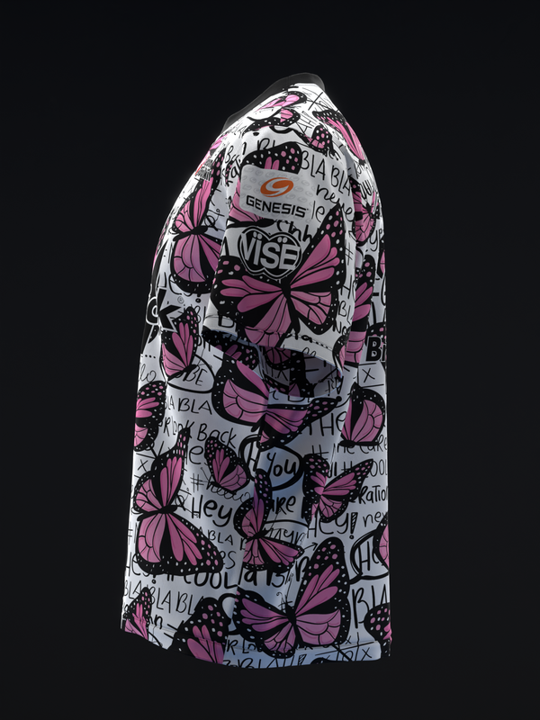 White bowling jersey with pink butterflies and scattered text throughout, side view