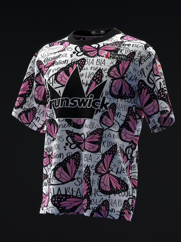 White bowling jersey with pink and black butterfly print and text design
