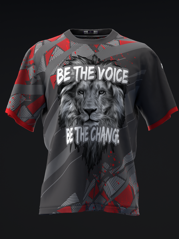 Gray and red bowling jersey with lion graphic and motivational text design