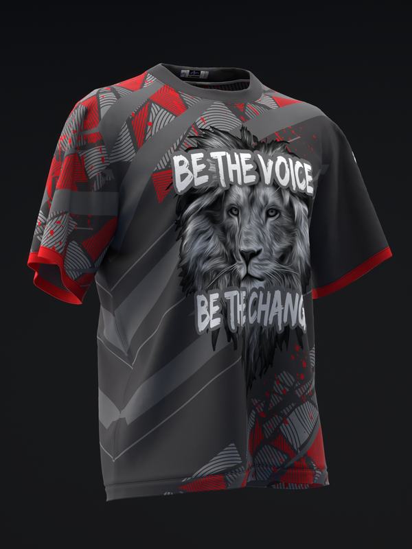 Black and red bowling jersey with lion graphic and motivational text design