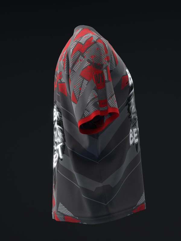 Black and red bowling jersey with geometric pattern, three-quarter view