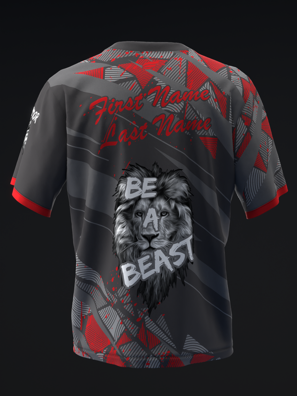 Black bowling jersey with red geometric pattern and lion graphic with beast text