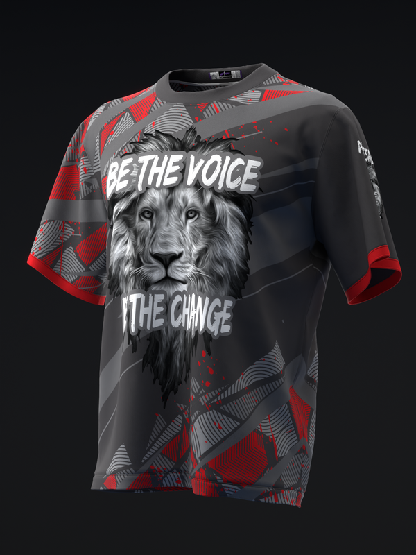 Black bowling jersey with red and gray geometric pattern and lion graphic with text