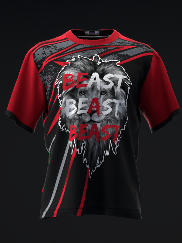 Red and black bowling jersey with lion head graphic and beast text design