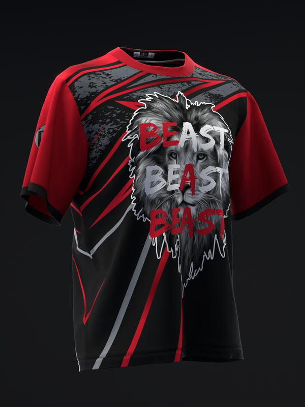 Red and black bowling jersey with beast graphic and diagonal stripe design