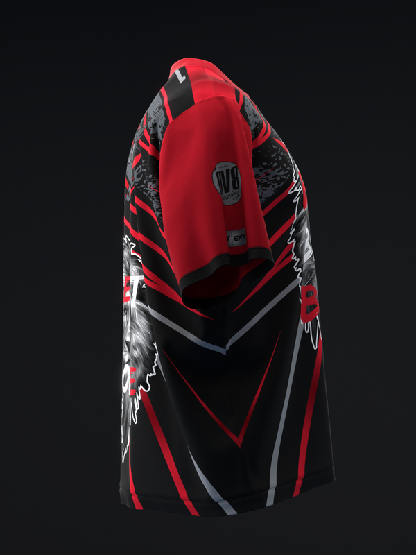 Red and black bowling jersey with abstract graphic design on sleeves