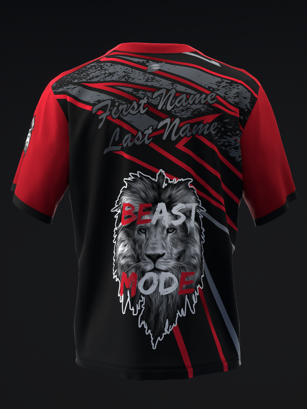 Black and red bowling jersey with lion graphic and Beast Mode text