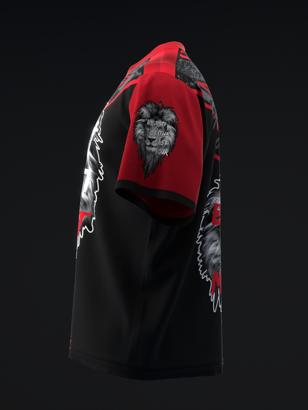 Red and black bowling jersey with lion graphic and wing sleeves detail