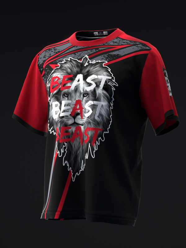 Red and black bowling jersey with lion head graphic and beast text