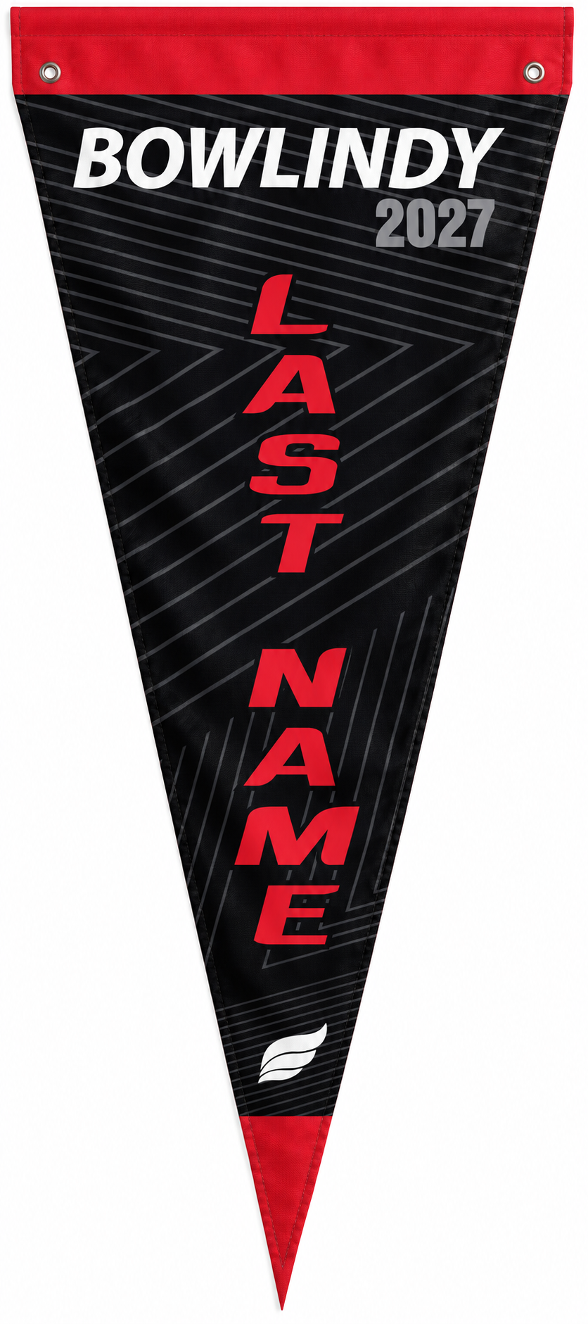 Red and black bowling pennant with BOWLINDY 2027 and LAST NAME text vertically
