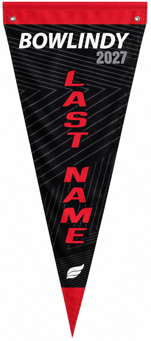 Red and black bowling pennant with BOWLINDY 2027 and LAST NAME text vertically