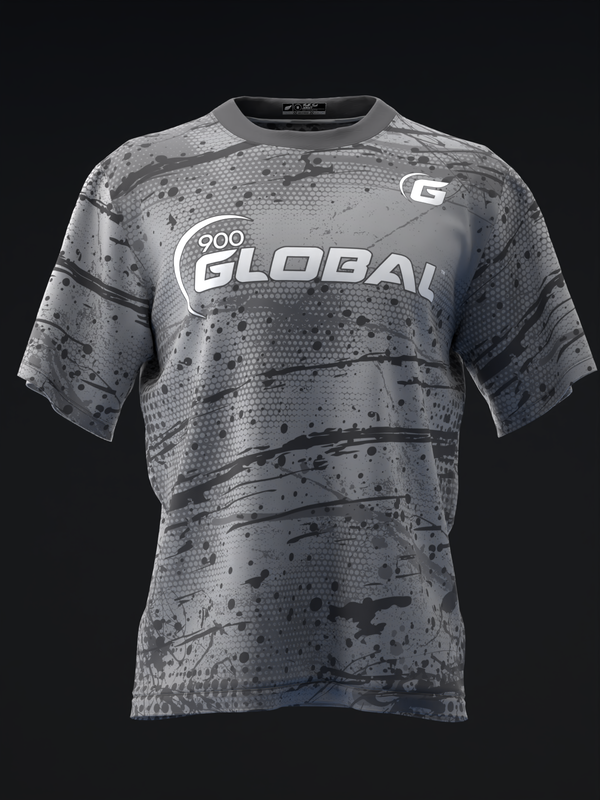 Gray bowling jersey with 900 Global logo and splatter pattern design, front view
