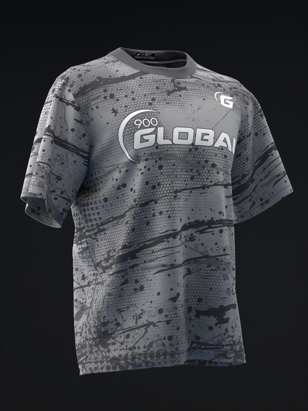 Gray bowling jersey with 900 Global logo and splatter pattern design, front view