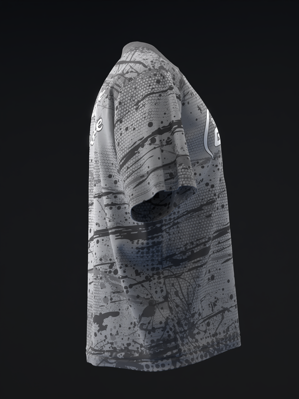 Light gray bowling jersey with abstract black splatter and geometric pattern design, side view