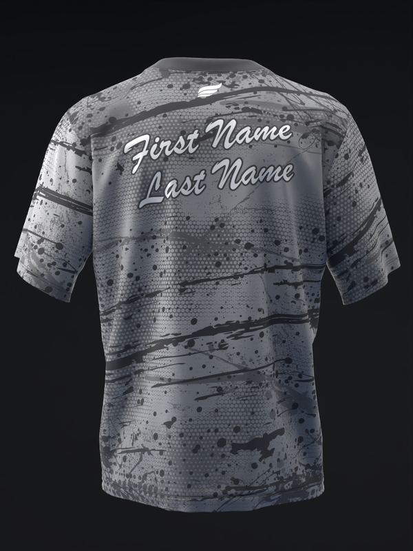 Gray bowling jersey back view with splatter pattern and personalized name text