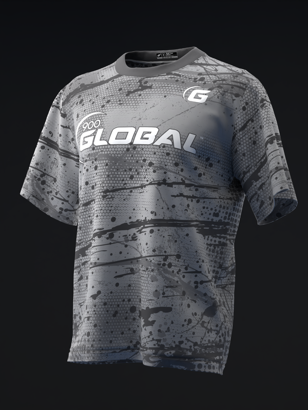 Gray bowling jersey with Global text and splatter pattern design, front view