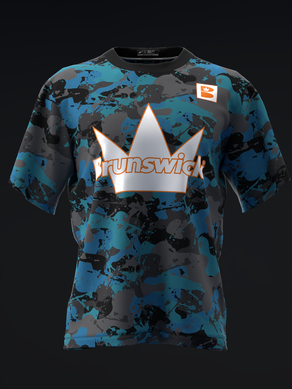 Blue and black splatter print bowling jersey with white Brunswick crown logo