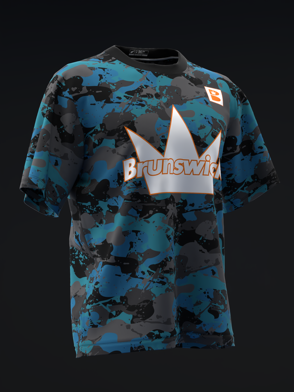 Brunswick bowling jersey with blue, gray, and black splatter pattern on front