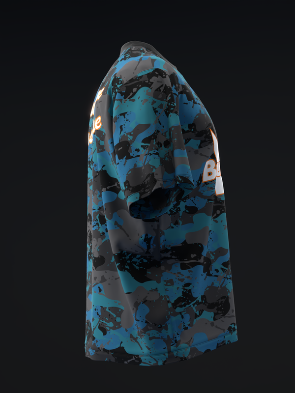 Blue and gray camo bowling jersey with white accent details, side view