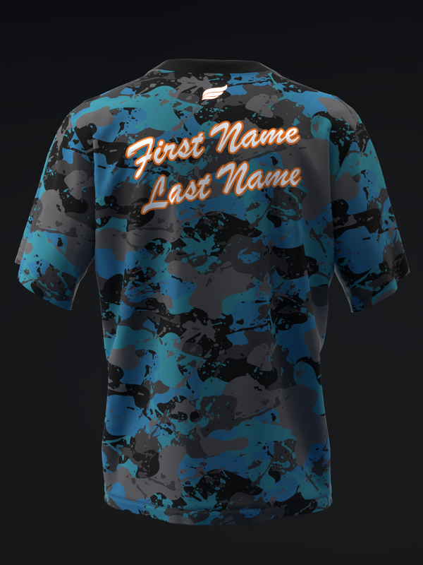 Blue and black camouflage bowling jersey with orange personalized name text