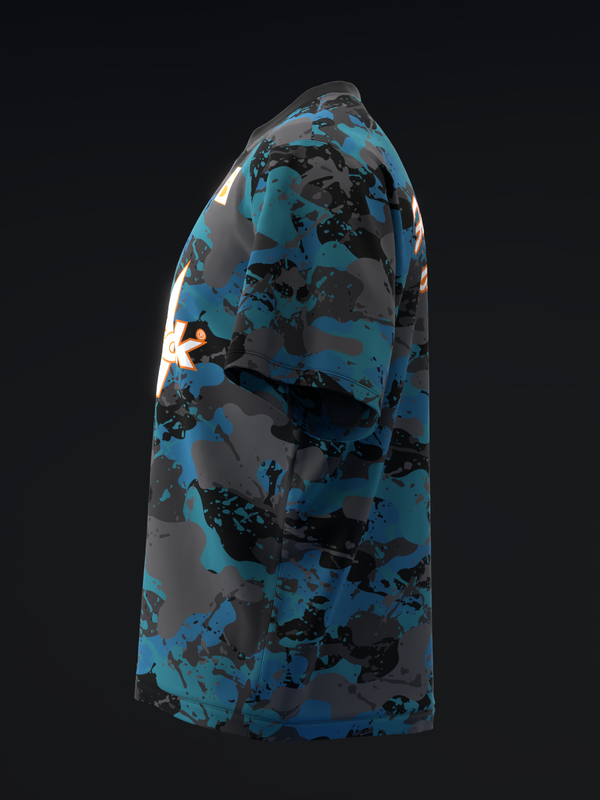 Blue and black camouflage bowling jersey displayed on side view against dark background