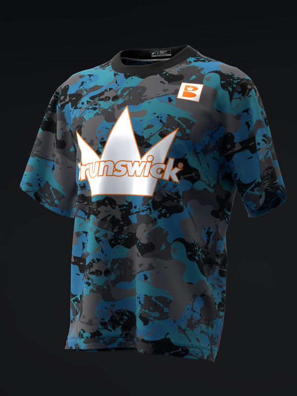 Blue and black splatter pattern bowling jersey with white crown logo graphic
