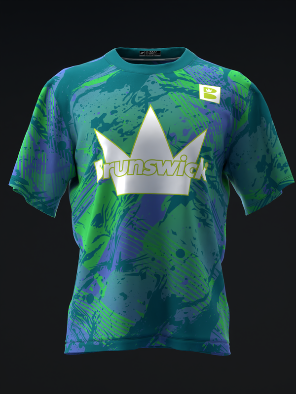 Teal, lime, and purple tie-dye bowling jersey with white crown logo graphic