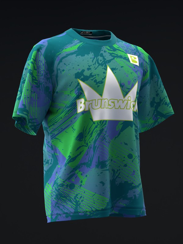 Teal and lime bowling jersey with purple splatter pattern and Brunswick logo
