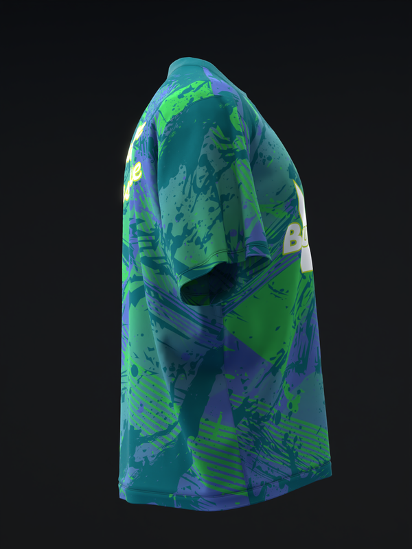 Bowling jersey with abstract graffiti-style design in green, purple, and blue tones