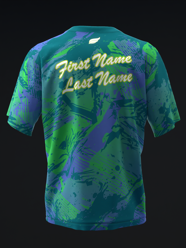 Teal and purple bowling jersey with lime green abstract pattern and gold text