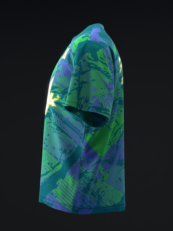 Brunswick bowling jersey with abstract graffiti pattern in purple and lime green