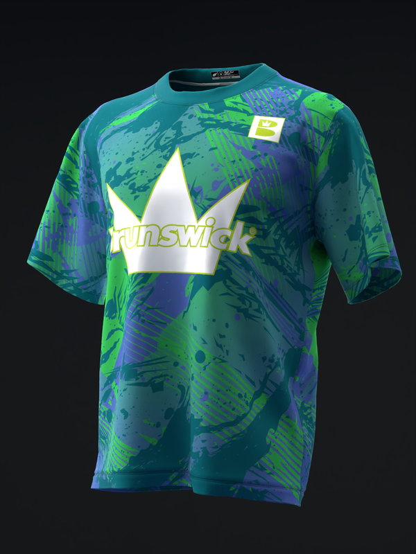 Teal and purple bowling jersey with white crown logo and Brunswick text