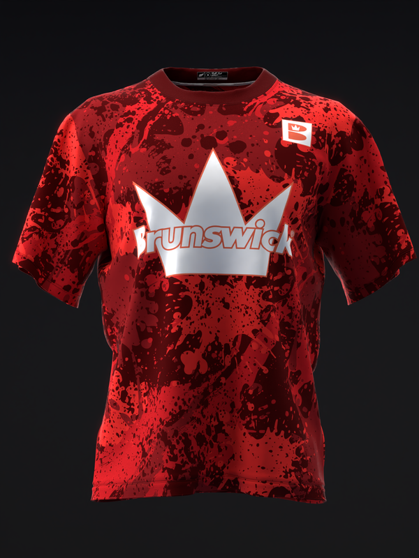 Red bowling jersey with splatter pattern and white crown graphic on front