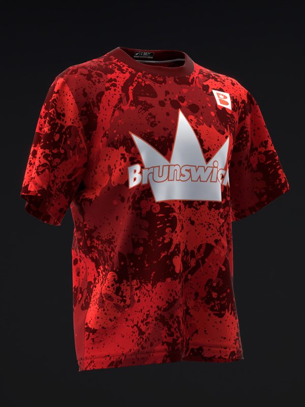 Red splattered bowling jersey with white Brunswick crown logo, front view
