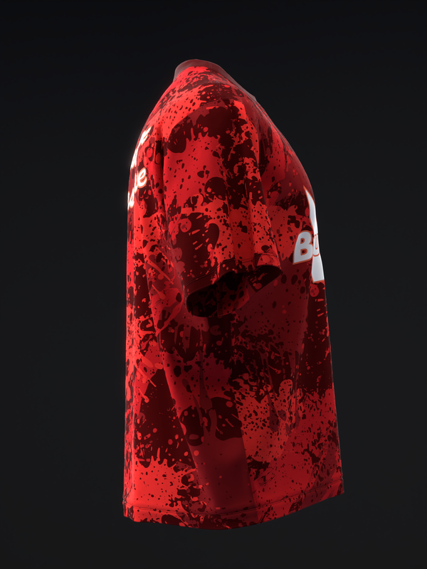 Red bowling jersey with dark splatter pattern and white accent on sleeve