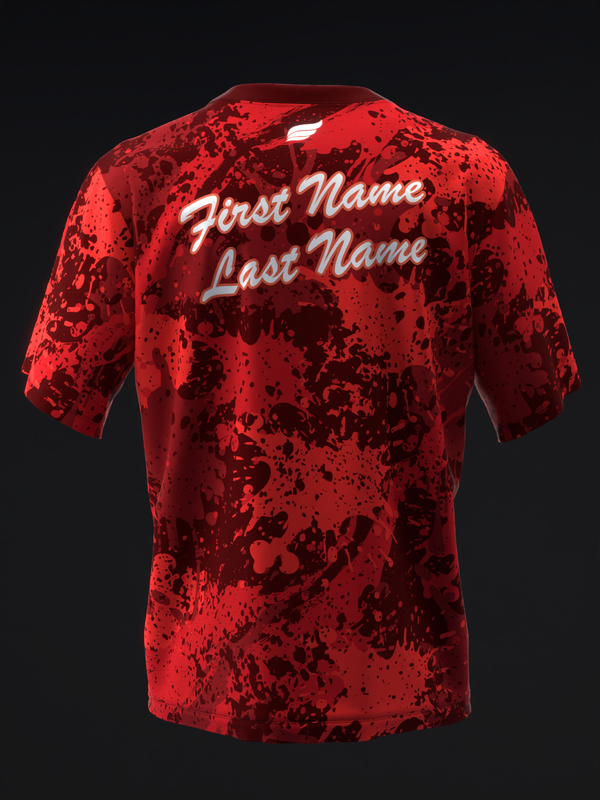 Red splatter pattern bowling jersey back with white script name personalization