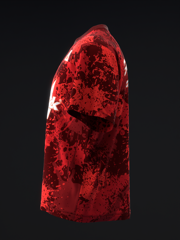 Red bowling jersey with black splatter pattern, side view