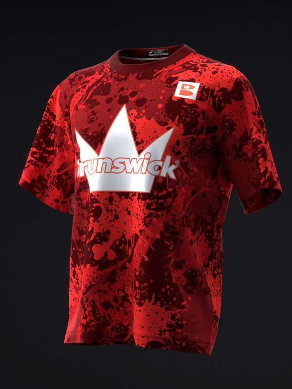 Red splatter pattern bowling jersey with white crown and Brunswick logo