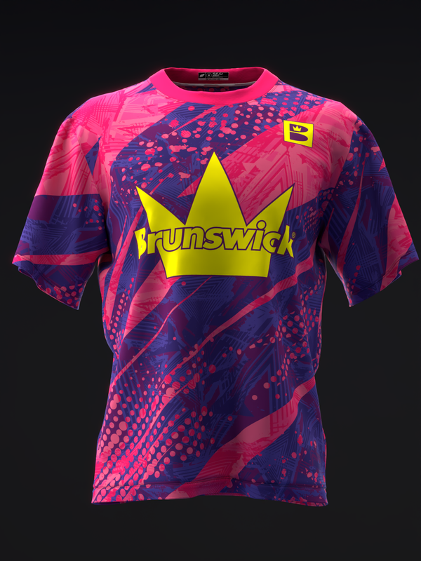 Pink and purple bowling jersey with yellow crown and Brunswick text graphic