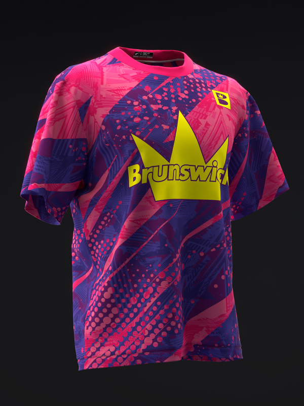 Front view of pink and purple bowling jersey with yellow crown logo and text