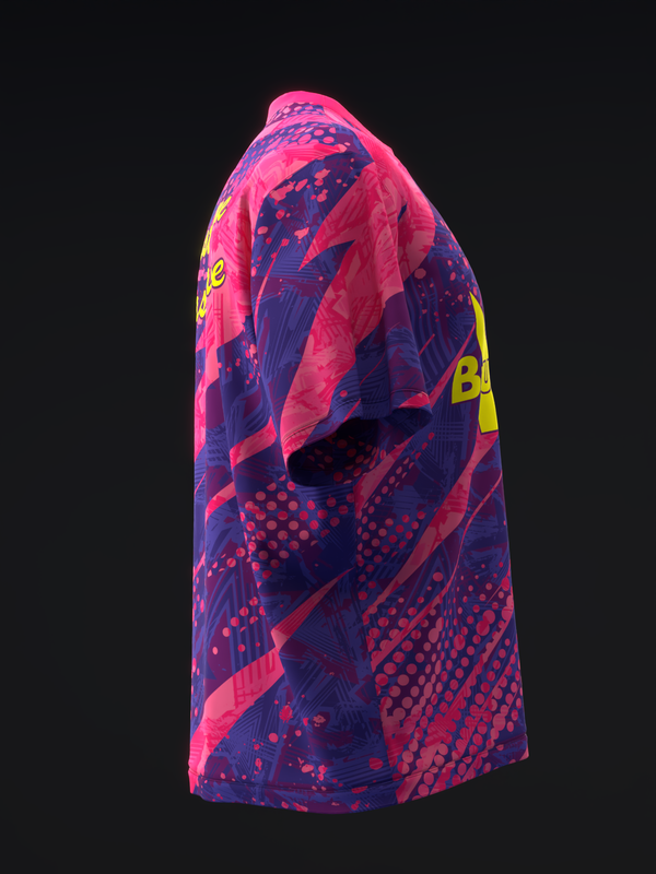Pink and purple bowling jersey with geometric dot and stripe pattern, side view