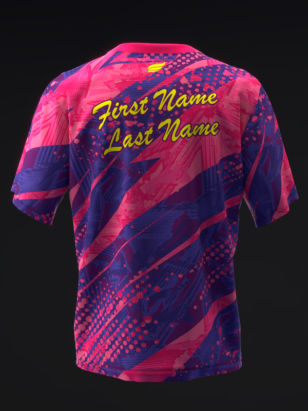 Bowling jersey back view with pink and navy abstract geometric pattern and yellow name text