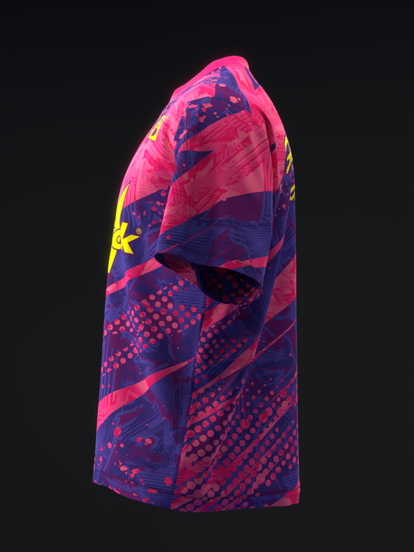 Pink and navy bowling jersey with geometric pattern and yellow logo detail