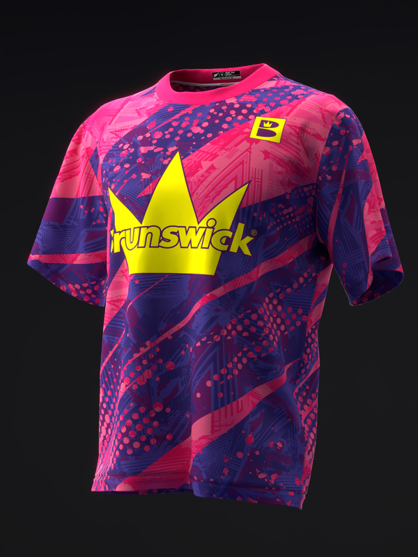 Pink and purple bowling jersey with yellow crown and Brunswick text graphic