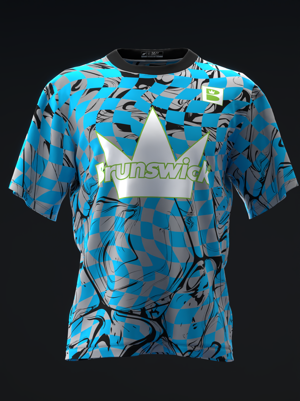 Blue and gray bowling jersey with abstract geometric and organic pattern design, front view