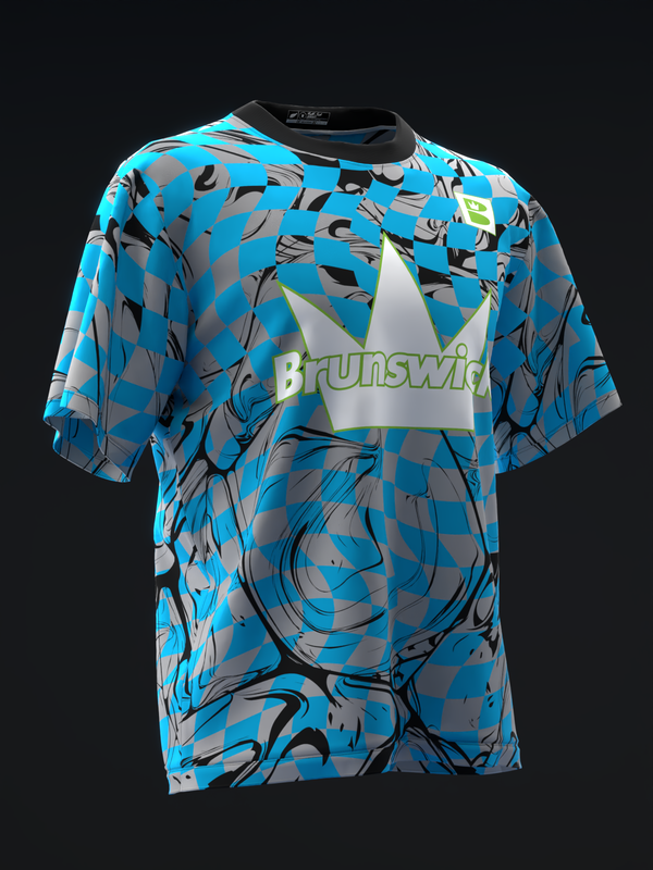 Blue bowling jersey with abstract geometric pattern and Brunswick logo on front