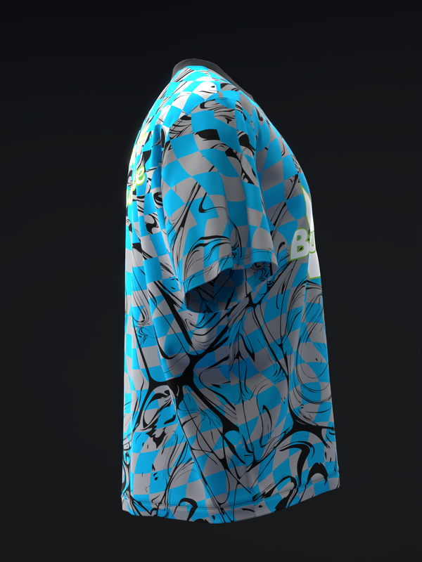 Blue bowling jersey with abstract black and gray swirl pattern, side view