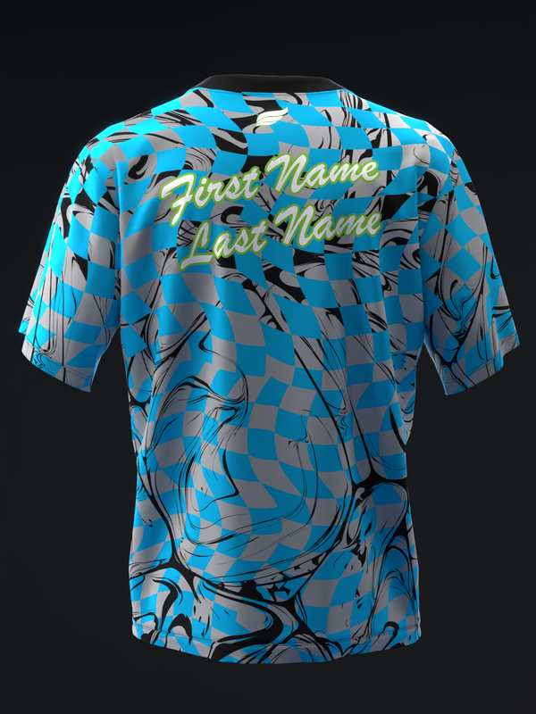 Back view of blue bowling jersey with checkered and swirl pattern, customizable text
